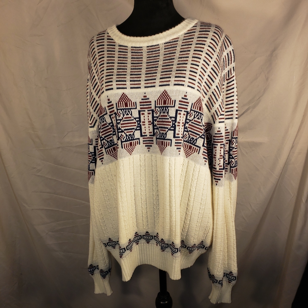 Men's Patterned Crewneck Sweater - White and Blue - L
